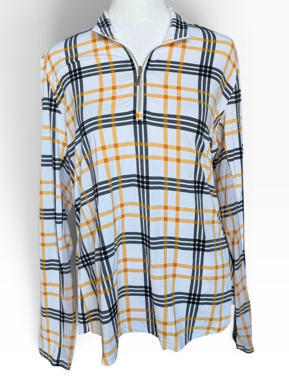 GGBLUE Long Sleeve Performance golf top White with grey and yellow plaid Sz L